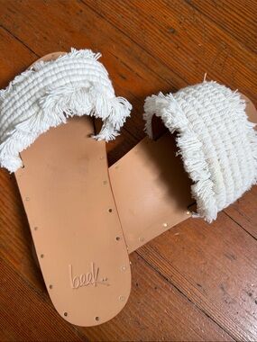 beek White Fringe Slide Sandals